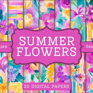 Pink Summer Flower Digital Papers, Spring Floral Watercolor Scrapbook paper, Bright Teal and Purple Flower Background, Commercial Use.