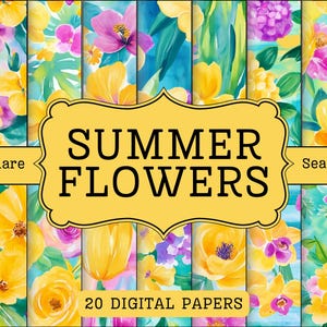 Yellow Summer Flower Digital Papers, Spring Floral Watercolor Scrapbook paper, bright green flower background commercial use