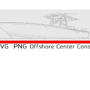 May include: Line drawing of a white center console boat with a hardtop and two outboard motors. The boat is on a red background with the text "SVG PNG Offshore Center Console".