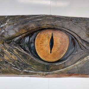 Könnte beinhalten: Ein rechteckiges Wandrelief aus Holz mit einem detaillierten, großen Reptilienauge, einer vertikalen schwarzen Pupille und einer texturierten, dunkelbraunen und grünen Iris. Das Holz ist schuppig und verwittert.