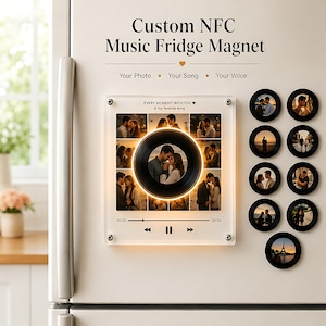 Custom NFC Music Fridge Magnet, Personalized Vinyl Record Player with Photo, Voice Recording Gift for Her, Anniversary Gift, Photo Collage