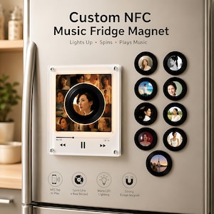 Personalized NFC Music Fridge Magnet, Custom Rotating Vinyl Record Player, Tap to Play Song, Custom Photo & Voice Note Gift, Photo Collage