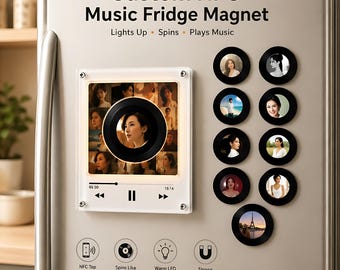 Personalized NFC Music Fridge Magnet, Custom Rotating Vinyl Record Player, Tap to Play Song, Custom Photo & Voice Note Gift, Photo Collage