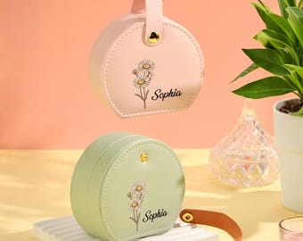 Estuche de viaje de cuero personalizado para joyas / Regalo de flor de nacimiento / Regalo para novias