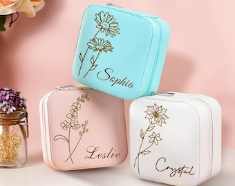 Estuche de viaje de cuero personalizado para joyas / Regalo con la flor de nacimiento / Regalo para la novia