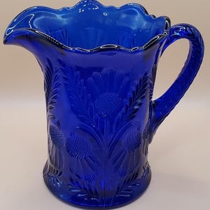 Vintage Mosser Inverted Thistle Pattern Cobalt Blue Glass Pitcher