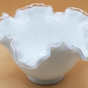 Vintage Fenton Ruffled Edge Bowl Milk Glass Clear Crest 6.5&quot; Art Glass Decor