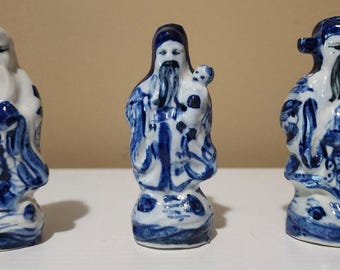 ヴィンテージの石湾磁器製賢者像一対 – 中国の手作り傑作、1950～1970