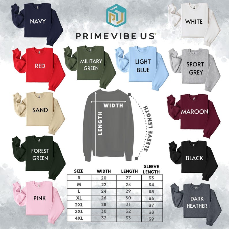 May include: A selection of crewneck sweatshirts in colours such as navy, red, military green, light blue, sport grey, sand, forest green, pink, white, maroon, black, and dark heather. A size chart shows measurements for width, length, and sleeve length.