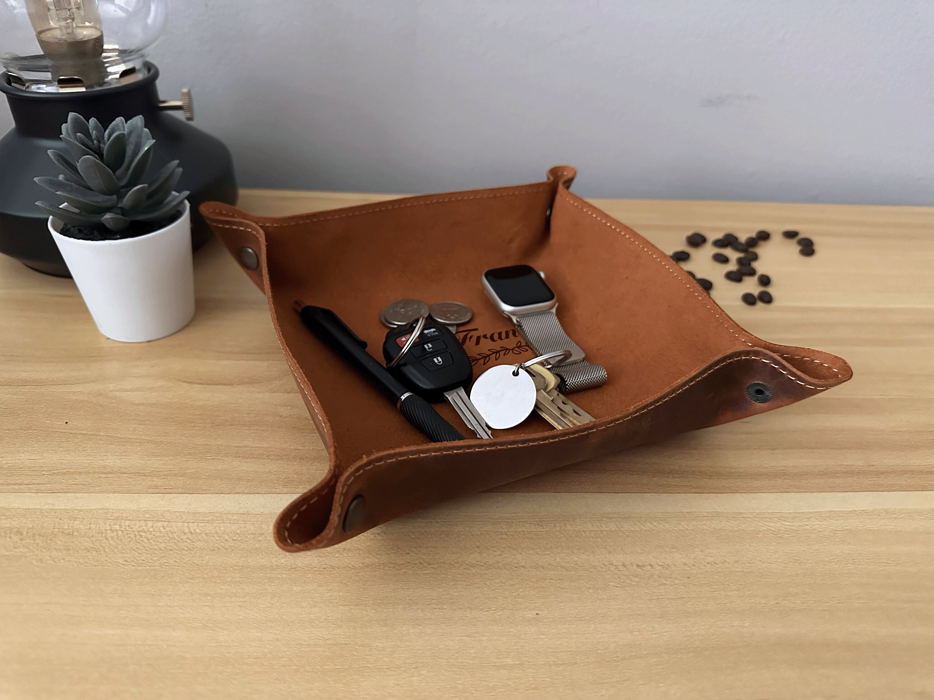 Customizable Laser Engraved Leather Tray, Personalized Organization and Storage, Valet Tray