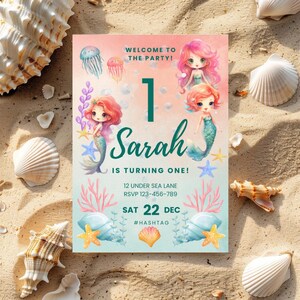 Invito di compleanno a tema sirena / Invito di compleanno sottomarino / Festa a tema oceano rosa / Download immediato / Modello Canva