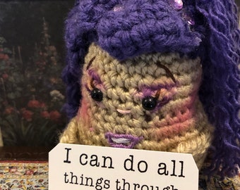 Snarky Spud Emerson Starr is a humorous new spin on the positive potato. Hand crocheted with acrylic yarn and a bit of sarcasm.