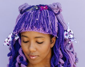 Animae curly crocheted wig perfect for transforming yourself into an amigurumi doll or animae character. She is a one of a kind fantasy.