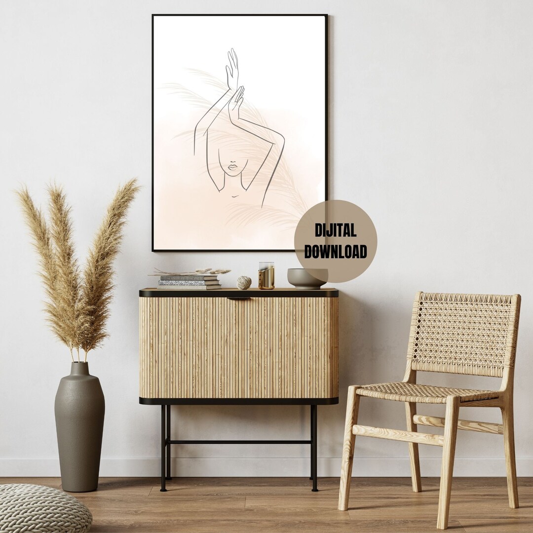 Printable Boho Woman Art Print, Woman Line Art, Flower Wall Art ...