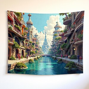 May include: A tapestry depicting a vibrant cityscape with a canal. Buildings with balconies and ornate towers line the waterway. People stroll along the sidewalks. The water is a bright turquoise, and the sky is blue with fluffy clouds.