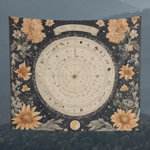 Astrology and Moon Design Tapestry,  Wall Hanging, Floral Background Tapestry, Wall Art, Wall Decoration, Gift, Home Decor