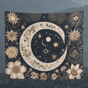 Moon and Astrology Tapestry, Wall Hanging, Floral Background Tapestry, Wall Art, Wall Decoration, Gift, Home Decor