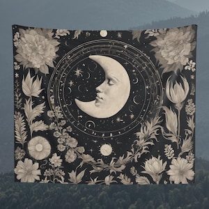 Moon and Astrology Tapestry, Wall Hanging, Floral Background Tapestry, Wall Art, Wall Decoration, Gift, Home Decor, Blue and Grey