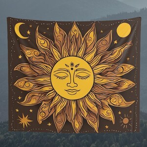 Colorful Sun and Moon Tapestry, Wall Hanging, Floral Background Tapestry, Wall Art, Wall Decoration, Gift, Home Decor, Brown and Yellow