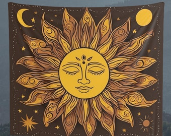 Colorful Sun and Moon Tapestry, Wall Hanging, Floral Background Tapestry, Wall Art, Wall Decoration, Gift, Home Decor, Brown and Yellow
