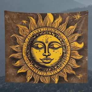 Colorful Sun and Moon Tapestry, Wall Hanging, Floral Background Tapestry, Wall Art, Wall Decoration, Gift, Home Decor, Brown and Yellow