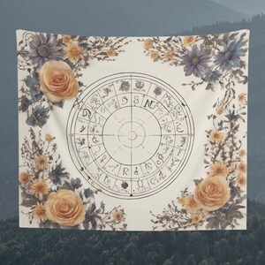 Moon and Astrology Tapestry, Wall Hanging, Floral Background Tapestry, Wall Art, Wall Decoration, Gift, Home Decor