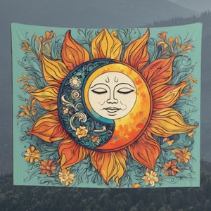 Colorful Sun and Moon Tapestry, Wall Hanging, Floral Design Tapestry, Wall Art, Wall Decoration, Gift, Home Decor