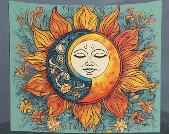 Colorful Sun and Moon Tapestry, Wall Hanging, Floral Design Tapestry, Wall Art, Wall Decoration, Gift, Home Decor