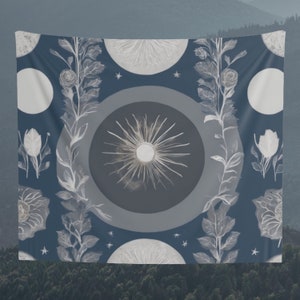 Moon Phase and Astrology Tapestry, Wall Hanging, Floral Background Tapestry, Wall Art, Wall Decoration, Gift, Home Decor, Blue and Grey