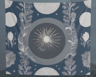 Tapiz de fases lunares y astrología, tapiz para colgar en la pared, tapiz con fondo floral, arte de pared, decoración de pared, regalo, decoración del hogar, azul y gris
