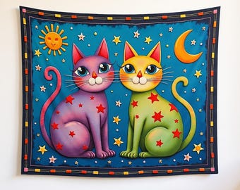 Wandtapijt hemelse katten - grillige kosmische katachtige kunst aan de muur voor dromerig interieur, wandtapijten, boho woonkamer hangend, kattenliefhebber