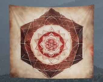 Arazzo Yoga Studio Sacred Geometry, arazzo da parete, arazzo con motivo floreale, arte murale, decorazione murale, regalo, arredamento per la casa, marrone, rosso