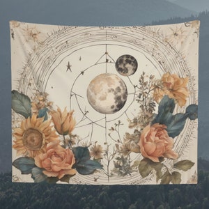 Moon and Astrology Tapestry, Wall Hanging, Floral Background Tapestry, Wall Art, Wall Decoration, Gift, Home Decor