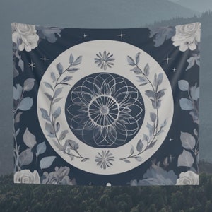Moon Phase and Astrology Tapestry, Wall Hanging, Floral Background Tapestry, Wall Art, Wall Decoration, Gift, Home Decor, Blue and Grey