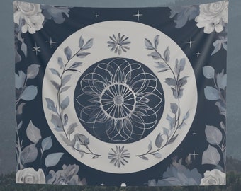 Tapiz de fases lunares y astrología, tapiz para colgar en la pared, tapiz con fondo floral, arte de pared, decoración de pared, regalo, decoración del hogar, azul y gris