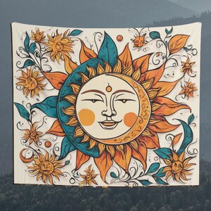 Colorful Sun and Moon Tapestry, Wall Hanging, Floral Background Tapestry, Wall Art, Wall Decoration, Gift, Home Decor