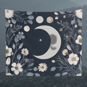 Moon Phase and Astrology Tapestry, Wall Hanging, Floral Background Tapestry, Wall Art, Wall Decoration, Gift, Home Decor, Blue and Grey