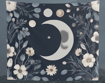 Tapiz de fases lunares y astrología, tapiz para colgar en la pared, tapiz con fondo floral, arte de pared, decoración de pared, regalo, decoración del hogar, azul y gris