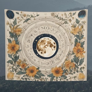Moon and Astrology Tapestry, Wall Hanging, Floral Background Tapestry, Astrology, Wall Art, Wall Decoration, Gift, Home Decor