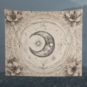 Moon and Astrology Tapestry, Wall Hanging, Floral Background Tapestry, Wall Art, Wall Decoration, Gift, Home Decor