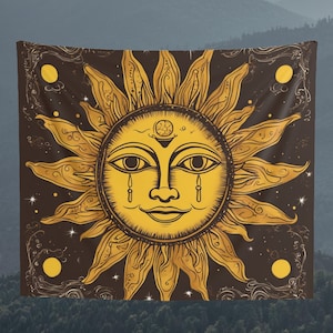 Colorful Sun and Moon Tapestry, Wall Hanging, Floral Background Tapestry, Wall Art, Wall Decoration, Gift, Home Decor, Brown and Yellow