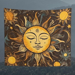 Colorful Sun and Moon Tapestry, Wall Hanging, Floral Background Tapestry, Wall Art, Wall Decoration, Gift, Home Decor, Brown and Yellow