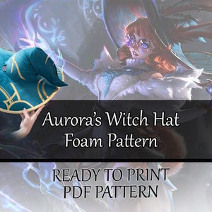 以下が含まれることがあります： コスプレ用のターコイズブルーとゴールドの魔女の帽子フォームパターン。パターンは印刷可能で、帽子の作り方の説明が含まれています。