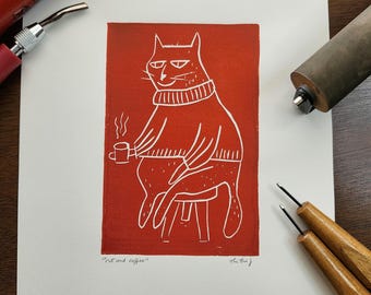Freche Katze Linoldruck: Handgemachte Illustration für Katzenliebhaber
