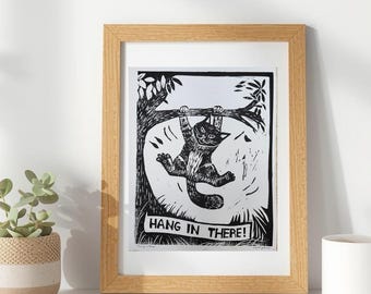 Linograbado "Aguanta" con un gato – Arte de impresión en bloque hecho a mano – Regalo de ánimo