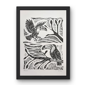 Birds Linocut Print, Toucans Original Lino Print, Handmade Linocut print