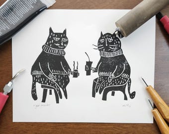 Grappige katten linodruk: origineel handgemaakt kunstwerk voor kattenliefhebbers