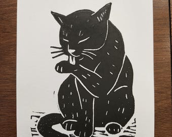 Funny Cat Print: Bath Time Linocut Art, Handmade