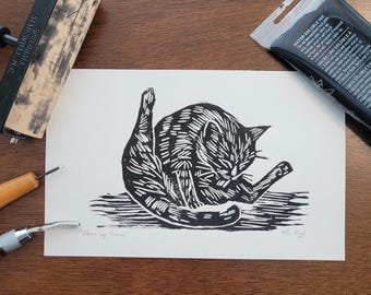 Lustige Katze Linoldruck: Original Linoldruck Kunst