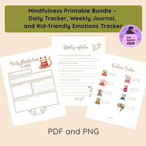 Afdrukbare mindfulnesskit met katten – dagelijkse en wekelijkse trackers + stemmingskaart – zelfzorgplannerpagina's